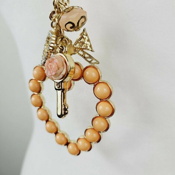 Statement Heart Necklace Romantic Style Gold Tone Bow Bead Charms Acrylic Long - Picture 5 of 9